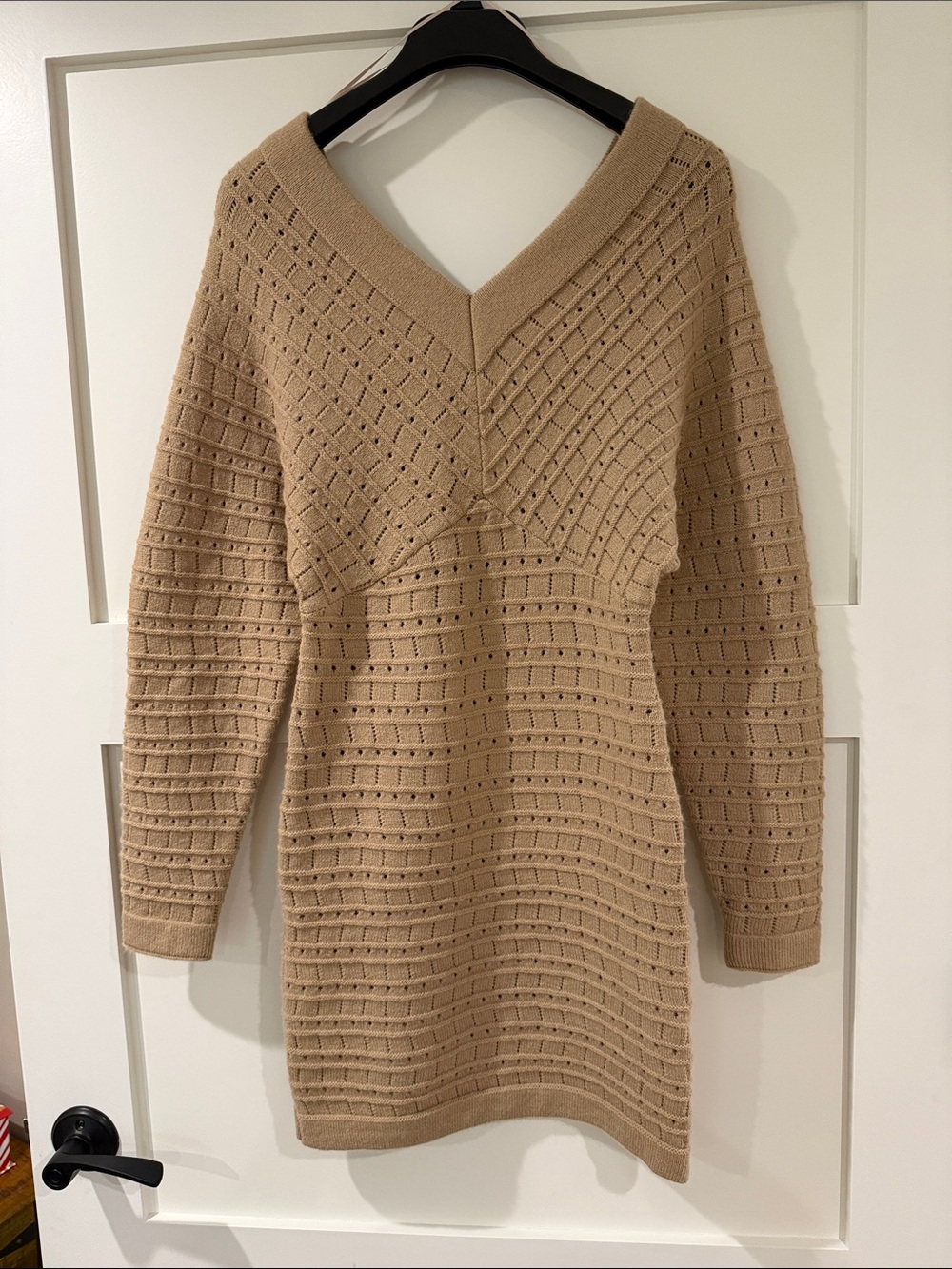 V-Neck Knit Sweater Dress in Camel Beige